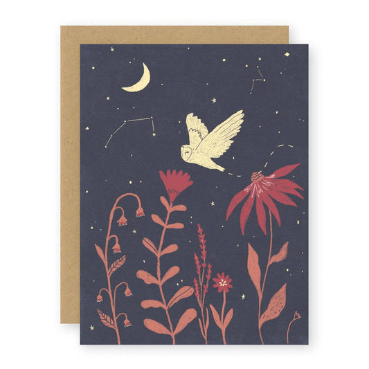 Night Owl Greeting Card - Constellation Illustration, Floral