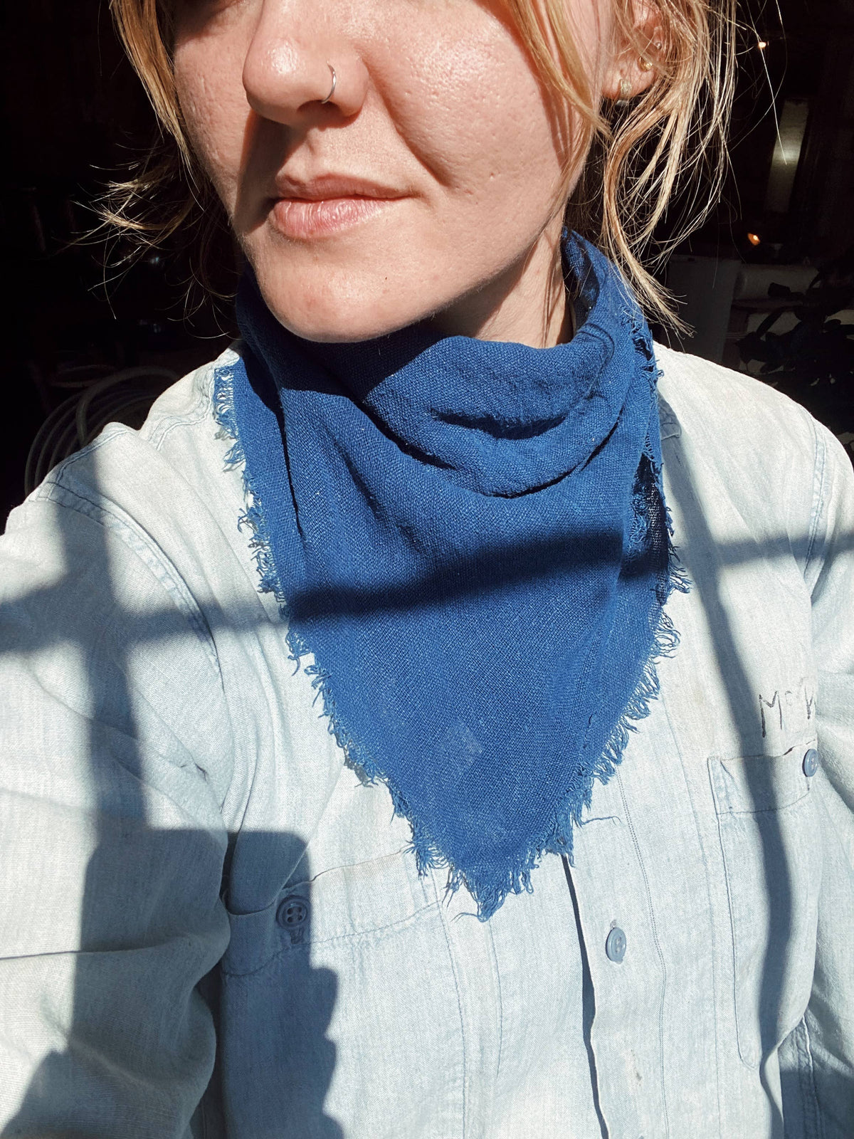 Ocean Indigo Solid Naturally Dyed Raw Silk Bandana