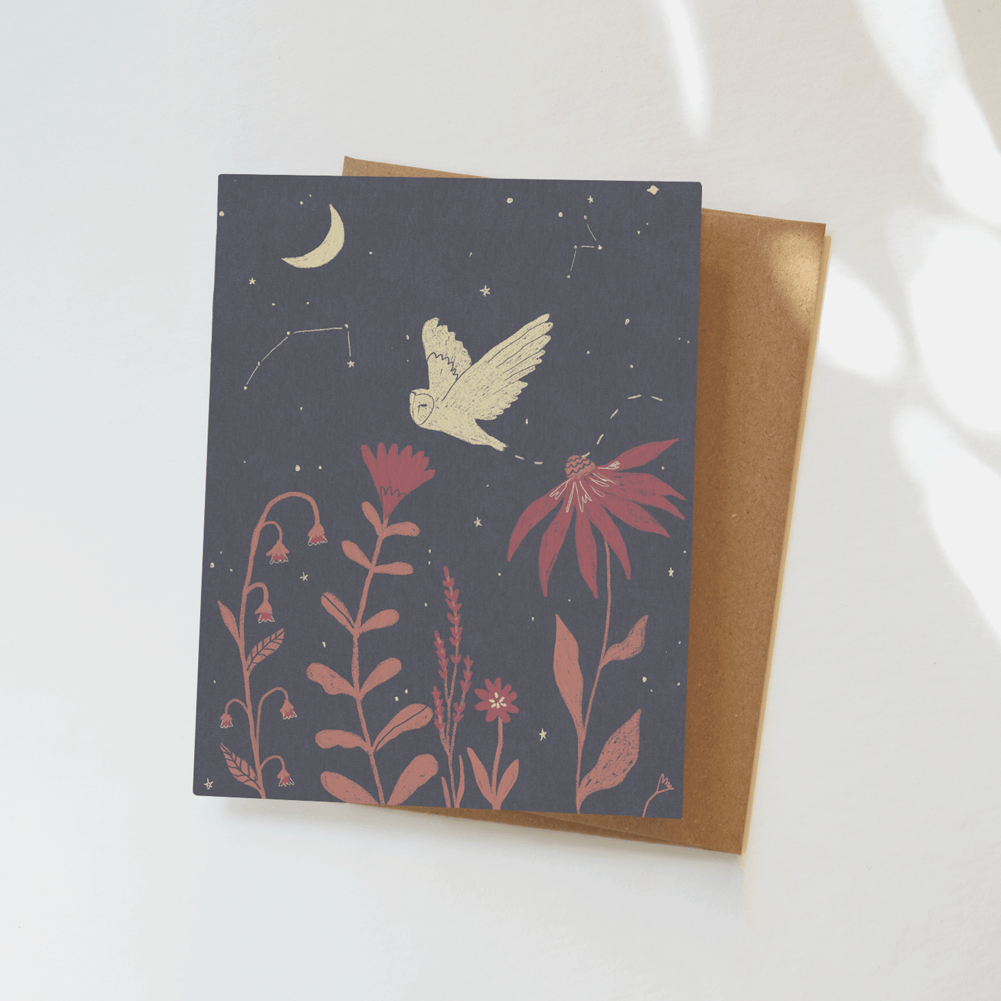 Night Owl Greeting Card - Constellation Illustration, Floral