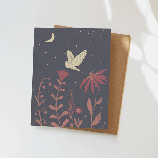 Night Owl Greeting Card - Constellation Illustration, Floral