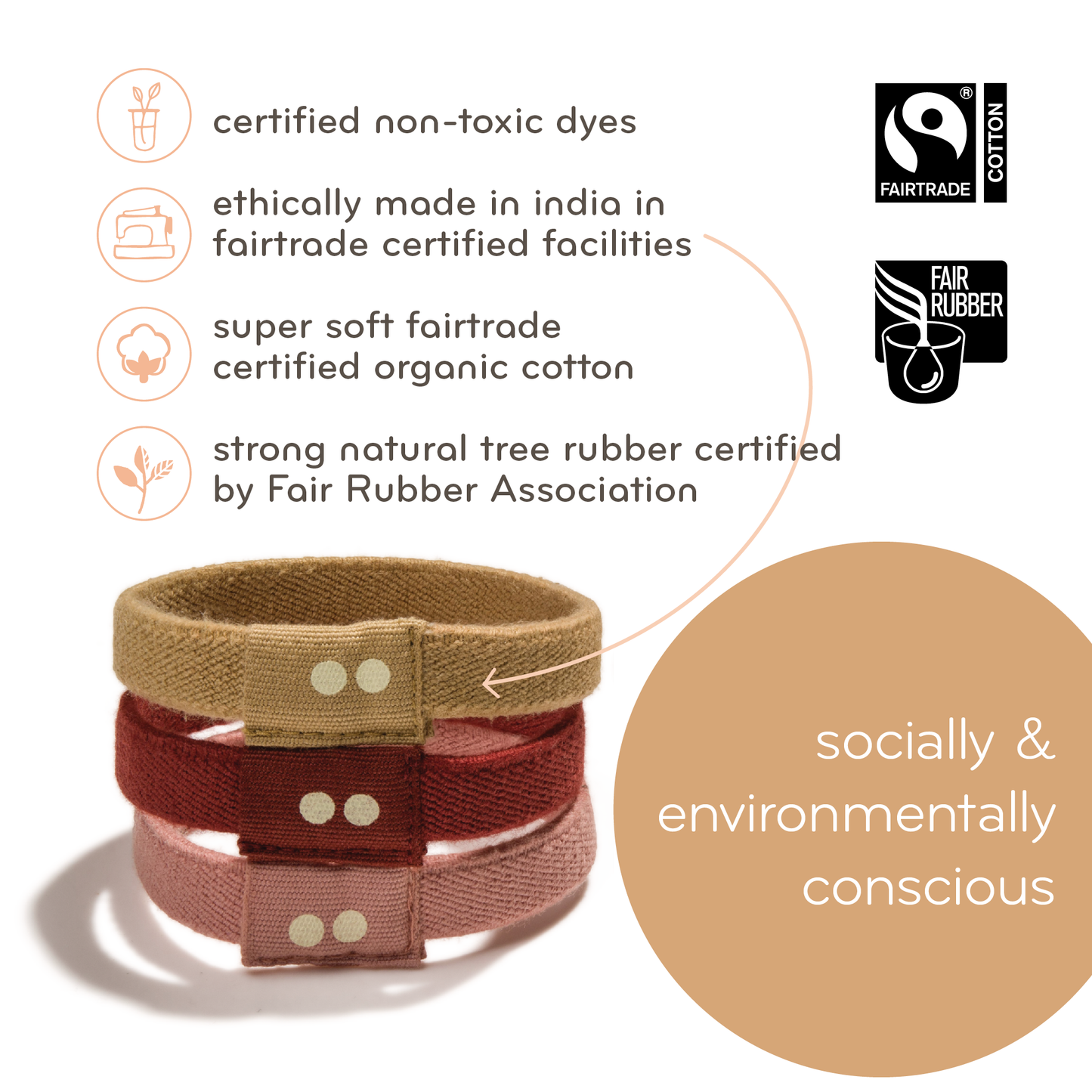 Plastic-free Flat Hair Ties - Organic Cotton, Earth Tints