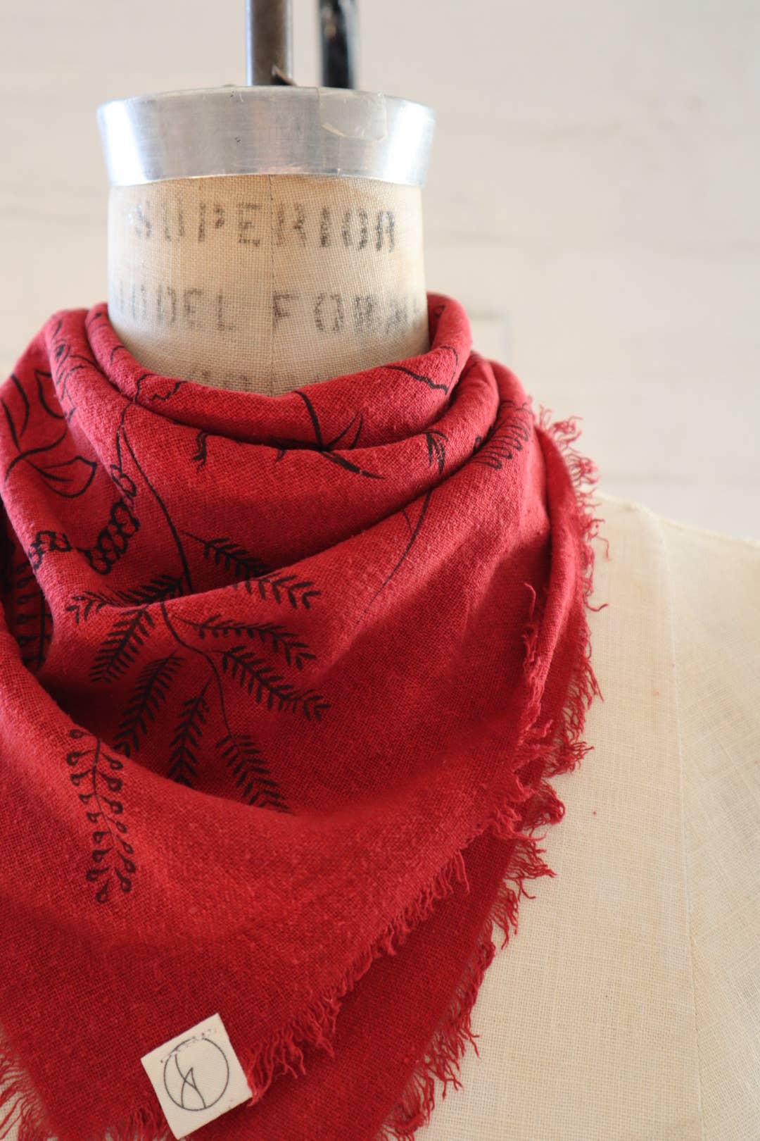 Poppy Red Botanical Print Naturally Dyed Bandana (Black)